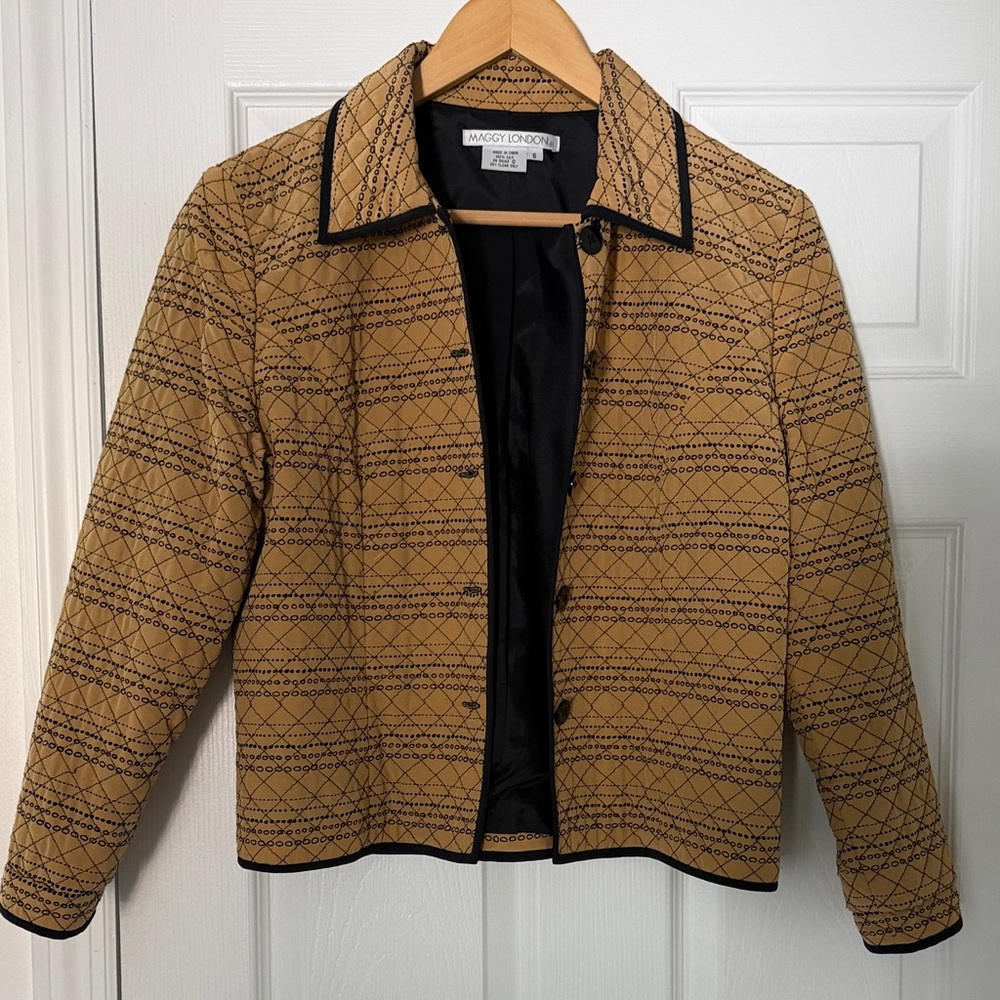 Maggy London Tan Quilted Jacket with Black Trim and Chain Pattern
